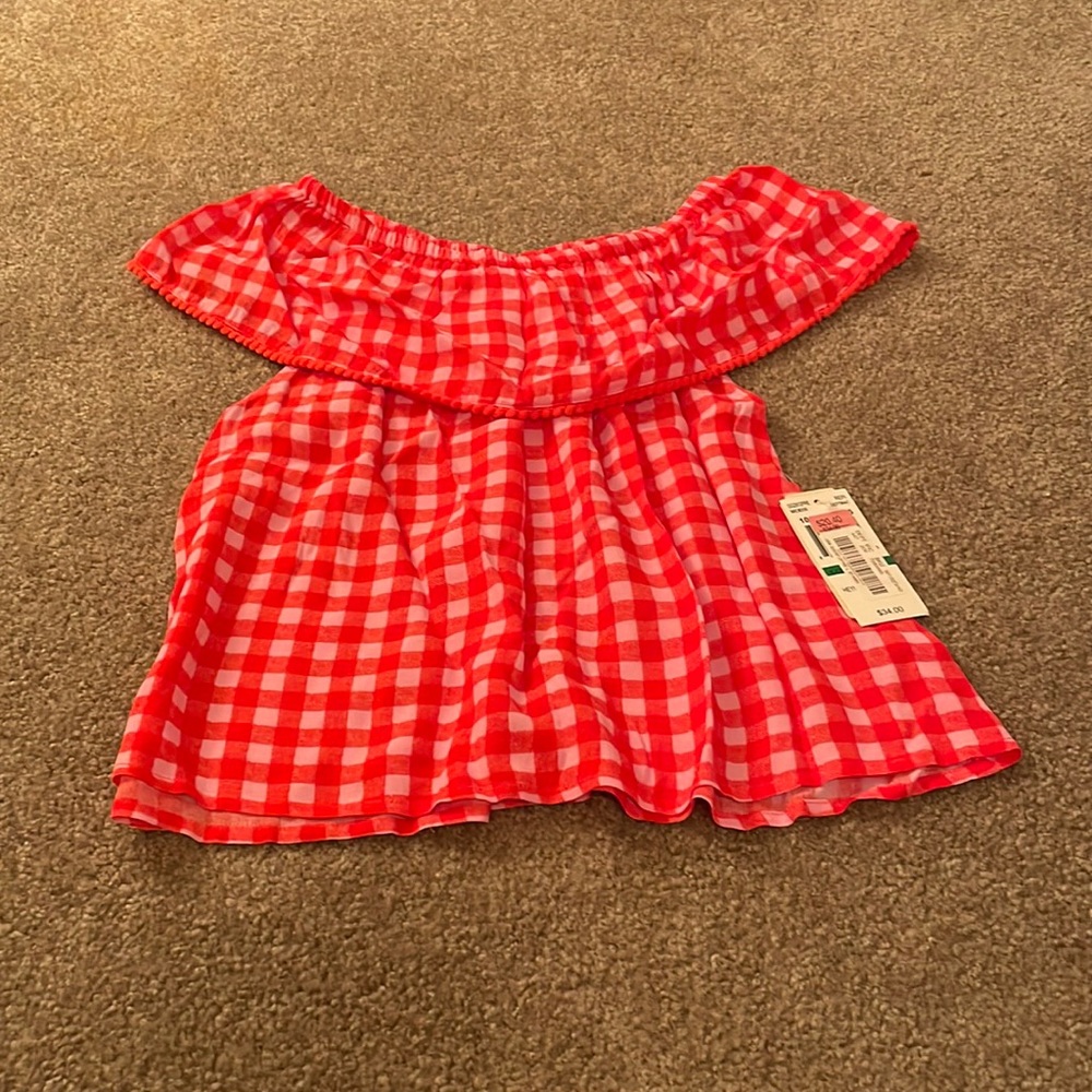 Pink/red checked light weight top for girl - size L. New… never worn!